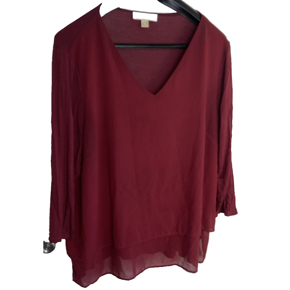 Michael Kors Top Womens Plus 2X Maroon Mixed Media V Neck Long Sleeve Career - Picture 2 of 7